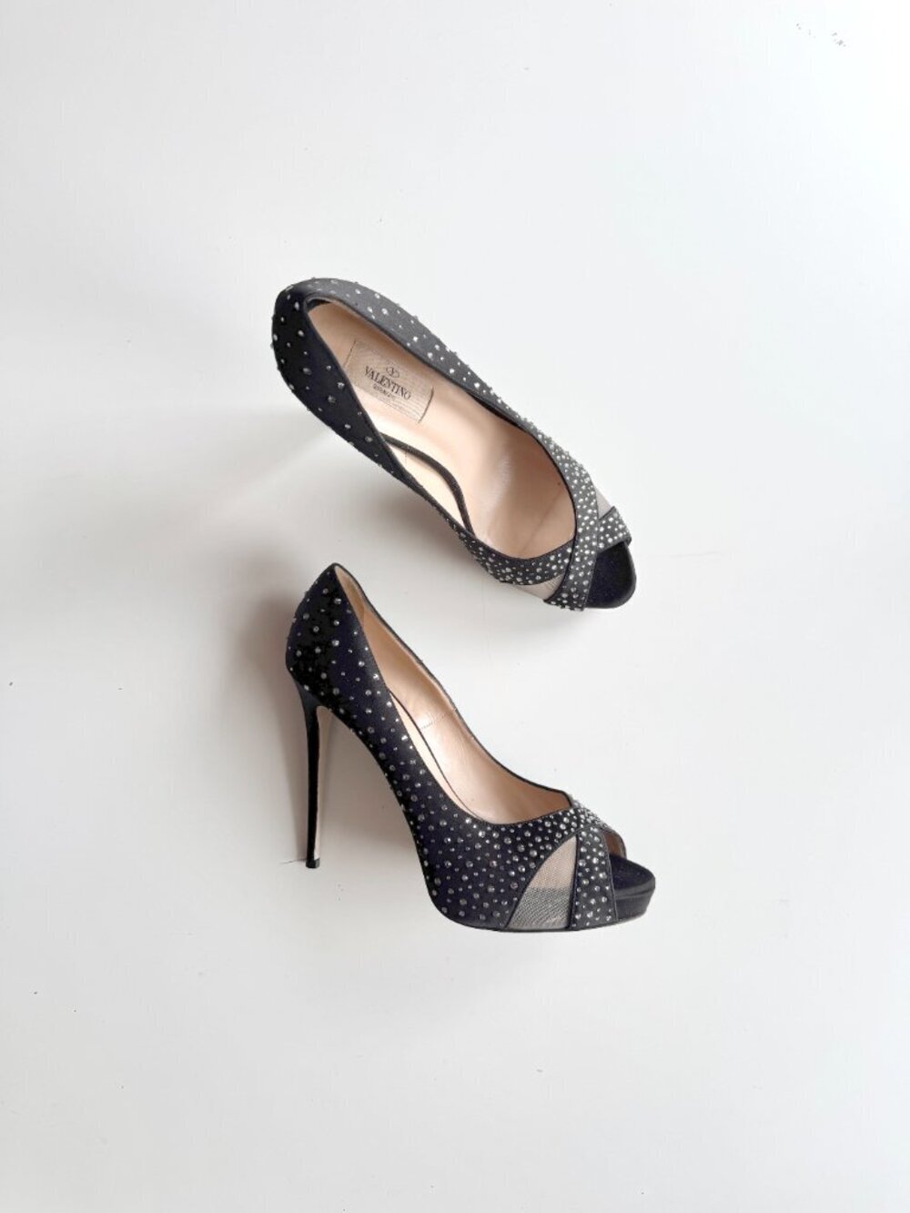 VALENTINO Black Satin Mesh Crystal Embellished Peep Toe Platform Pumps, Size 41